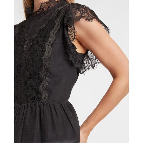 Express | Black Lace Organza Short Sleeve Peplum Top | Size Small - Picture 2 of 13